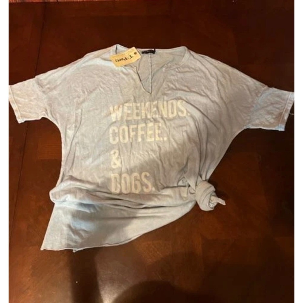 T-Party Weekends Coffee & Dogs Graphic Tee Light Blue Oversized V-Neck Small